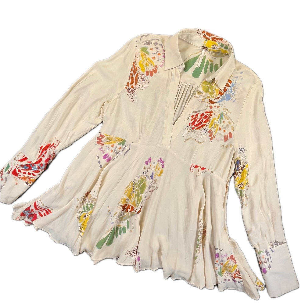 Free People Butterfly Effect Tunic Small Cream Romantic Artsy Boho Peasant Top
